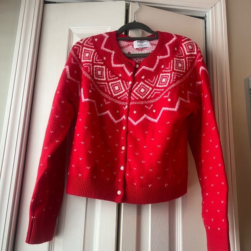 Old Navy Red and White Patterned Women's Cardigan Size S